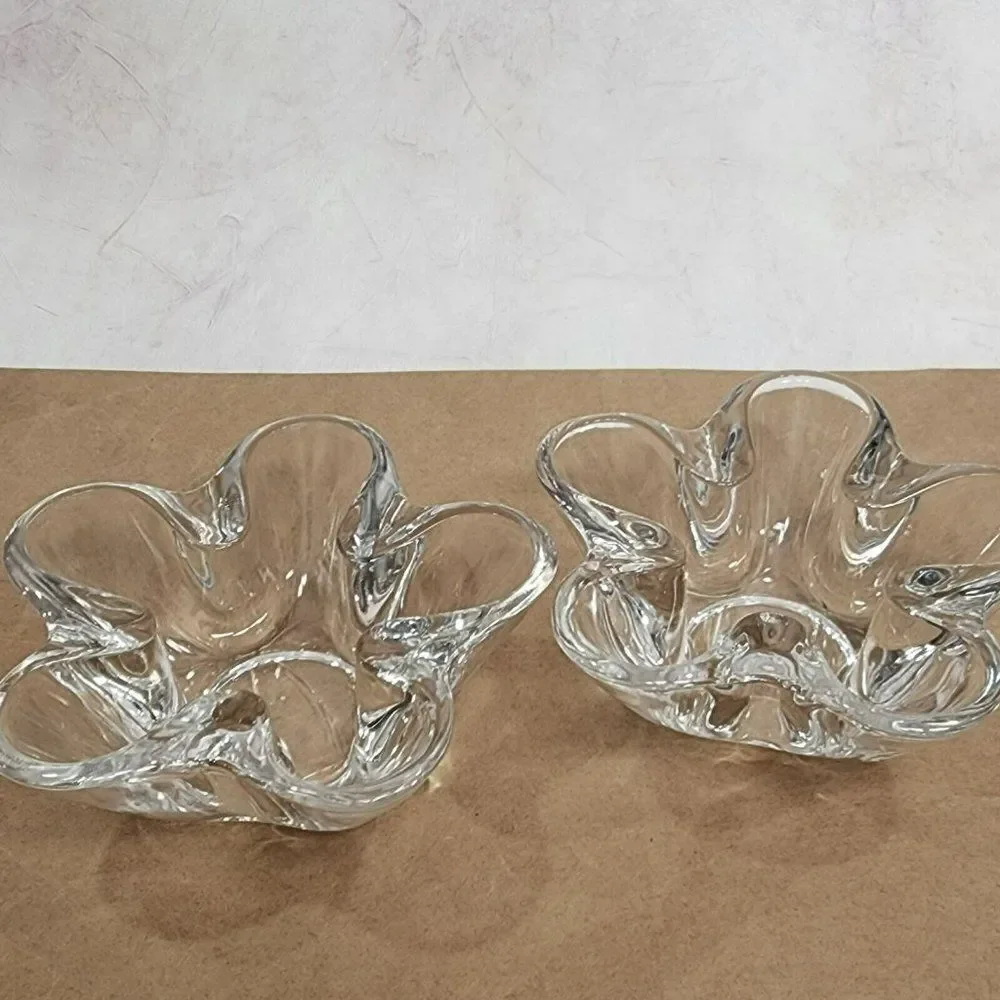 2 VTG Clear Tiffin Neodymium Flower 5 Lobe Heavy‎ Art Glass Bowl Candle Holder